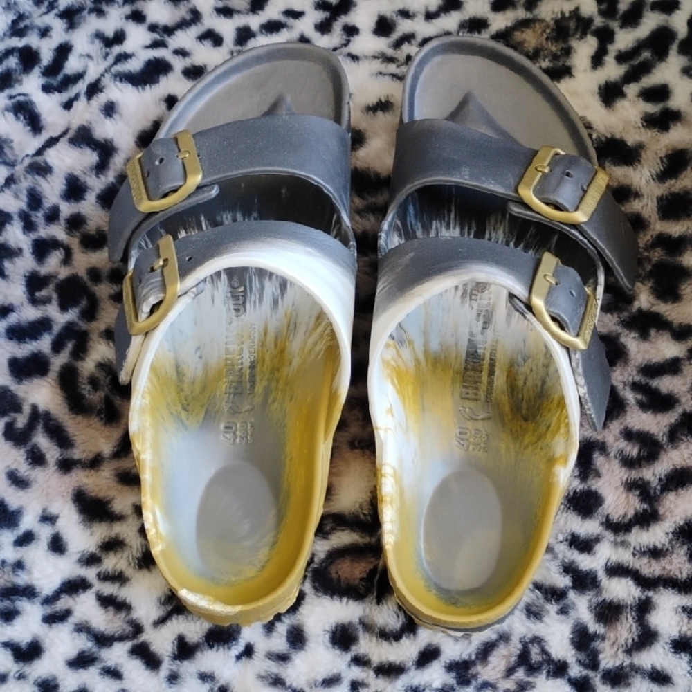 Birkenstock Gray and Yellow Ergonomic Sandals with Adjustable Straps
